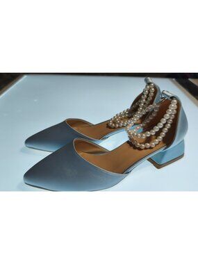 Eleanor Louise Baby Blue Satin Pearl Ankle Strap Heels Handmade Something Blue